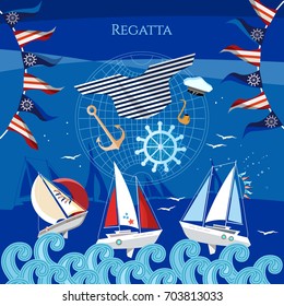 Yacht racing, sailing regatta. Sailing in the wind through the waves. Water sports Nautical school 