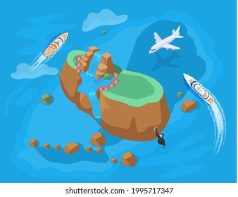 Yacht in raid near beautiful tropical island. Scuba diver in water explores ocean. Diving in open sea boat trips. Summertime beach holiday. Sea travel and entertainment. Underwater extreme in vacation