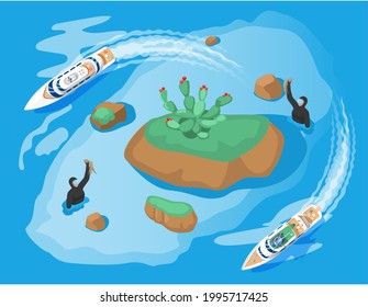 Yacht in raid near beautiful tropical island. Scuba diver in water explores ocean. Diving in open sea boat trips. Summertime beach holiday. Sea travel and entertainment. Underwater extreme in vacation