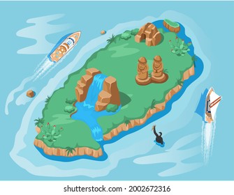 Yacht in raid near beautiful tropical island. Scuba diver in water explores ocean. Diving in open sea boat trips. Summertime beach holiday. Sea travel and entertainment. Underwater extreme in vacation