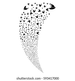 Yacht random fireworks stream. Vector illustration style is flat black iconic symbols on a white background. Object fountain constructed from scattered pictograms.