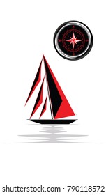 Yacht - red and black sail, compass - isolated on white background - art vector.