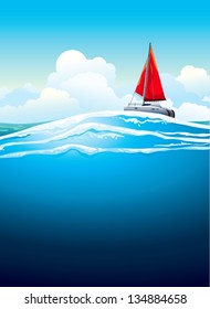 Yacht with red sail and sea waves on a blue sky background with white clouds. Vector seascape.