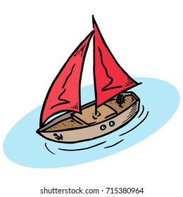 Yacht with a red sail. Wooden yacht with a sail. Vector illustration of a boat with sails in the sea. Hand drawn yacht. 