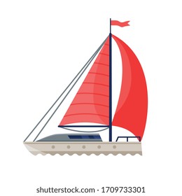 Yacht with Red Sails, Water Transport, Sea or Ocean Transportation Vector Illustration