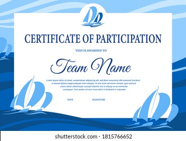 Diploma de regata de yates, plantilla vectorial de certificado de premio. Celebración de la victoria de la navegación marítima diseño de la frontera con veleros en olas oceánicas. Diploma de participación o logro de mejores resultados en regatta