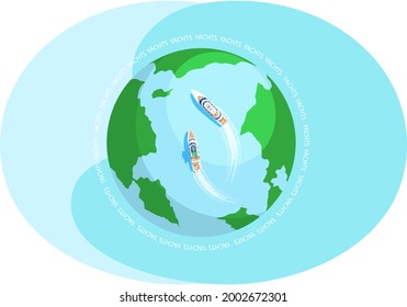 Yacht regatta on wave blue sea, ocean on globe. Sunny summer vacation travel adventure background. White boats race transport, marine competition or sailboats parade. Water tourism, marine experience