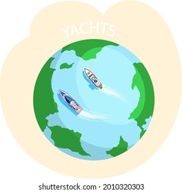 Yacht regatta on wave blue sea, ocean on globe. Sunny summer vacation travel adventure background. White boats race transport, marine competition or sailboats parade. Water tourism, marine experience