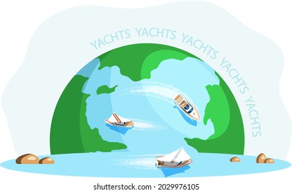 Yacht regatta on wave blue sea, ocean on globe. Sunny summer vacation travel adventure background. White boats race transport, marine competition or sailboats parade. Water tourism, marine experience