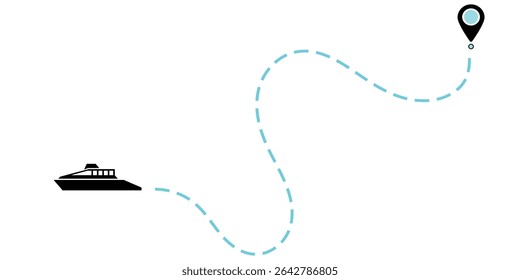 Iate Rota para o Destino Marcado no Mapa. Um gráfico vetorial simples exibe um iate sobre um fundo branco, com uma linha tracejada em ciano indicando uma rota para um marcador de destino.
