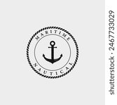 Yacht rudder logo design with sea waves, rope and vintage anchor. Logo for business, sailor, sailing.