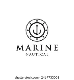 Yacht rudder logo design with sea waves, rope and vintage anchor. Logo for business, sailor, sailing.