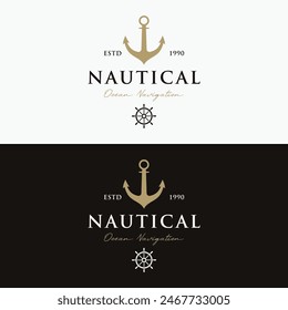 Yacht rudder logo design with sea waves, rope and vintage anchor. Logo for business, sailor, sailing.