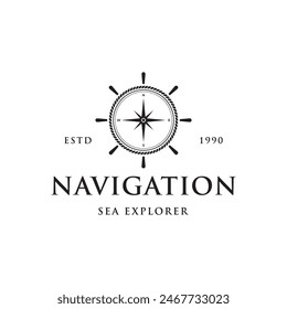 Yacht rudder logo design with sea waves, rope and vintage anchor. Logo for business, sailor, sailing.