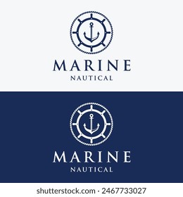 Yacht rudder logo design with sea waves, rope and vintage anchor. Logo for business, sailor, sailing.