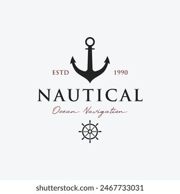 Yacht rudder logo design with sea waves, rope and vintage anchor. Logo for business, sailor, sailing.