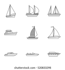 Yacht and sail boat icons set. Outline illustration of 9 yacht and sail boat vector icons isolated on white background