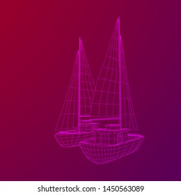 Yacht or sail boat. Luxury yacht race, sea sailing regatta concept. Wireframe low poly mesh vector illustration