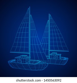 Yacht or sail boat. Luxury yacht race, sea sailing regatta concept. Wireframe low poly mesh vector illustration