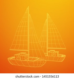 Yacht or sail boat. Luxury yacht race, sea sailing regatta concept. Wireframe low poly mesh vector illustration