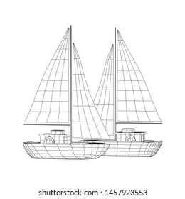 Yacht or sail boat. Luxury yacht race, sea sailing regatta concept. Wireframe low poly mesh vector illustration