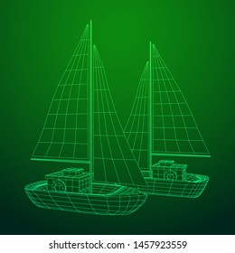 Yacht or sail boat. Luxury yacht race, sea sailing regatta concept. Wireframe low poly mesh vector illustration