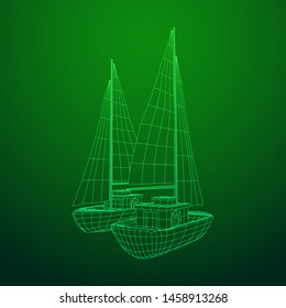 Yacht or sail boat. Luxury yacht race, sea sailing regatta concept. Wireframe low poly mesh vector illustration