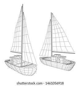 Yacht or sail boat. Luxury yacht race, sea sailing regatta concept. Wireframe low poly mesh vector illustration