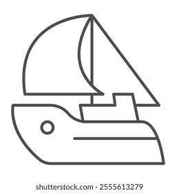 Yacht with sail cloth thin line icon, marine port concept. Vector graphics. Private ship, sea water transport sign on white background, outline style icon for mobile or web design