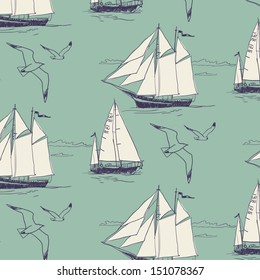 The Yacht Sail The Ocean. Seamless Pattern