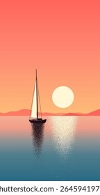 Yacht with a sail on the background of a sea sunset. Vector illustration. Sketch for creativity.