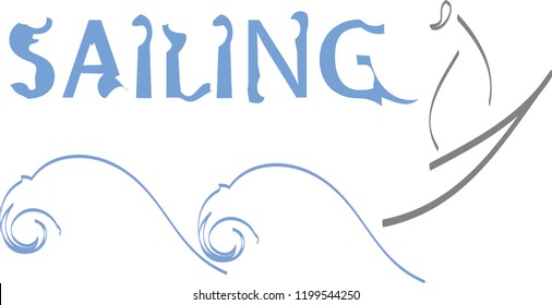 Yacht, sailboat, sky, clouds, logo. Vector illustration.