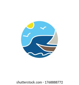 Yacht sailboat sky sun sea beach summer bird travel agency logo icon round Doodle cartoon design style Hand drawn Fashion print clothes apparel greeting invitation card banner poster flyer website