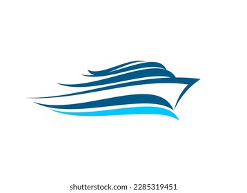 Yacht sailboat or speedboat icon, nautical sail boat tourism and yachting club, vector badge. Marina yacht ship on sea wave for holiday sea cruise and ocean tour, ferry boat sailing journey sign