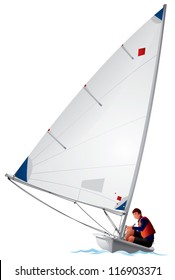 Yacht, sailboat vector illustration, sailing sport dinghy and sailor
