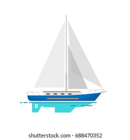 Yacht sailboat with white canvas on water vector illustration isolated on white on water surface. Small boat for nice sea walks.