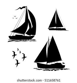  Yacht, sailboats and gull set. Black silhouette isolated on white background. Stock vector illustration.