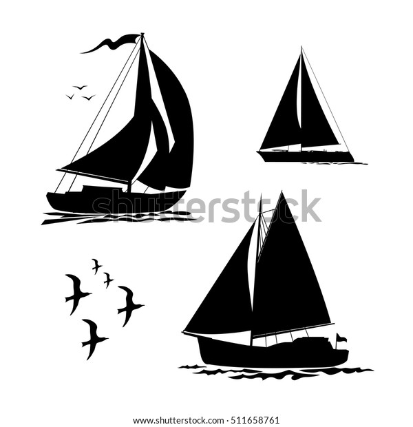 ヨット 帆船 カモメがセットされた 白い背景に黒いシルエット ベクターイラスト のベクター画像素材 ロイヤリティフリー 511658761