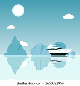 Yacht sailing between icebergs in ocean, cruise trip around rocks in sea, vector illustration. Modern luxury yacht in dangerous environment, sea navigation in arctic sea. Boat travel to ocean iceberg