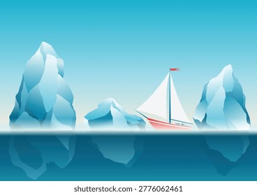 Yacht sailing between icebergs in ocean, cruise trip around rocks in sea, vector illustration. Modern luxury yacht in dangerous environment, sea navigation in arctic sea. Boat travel to ocean iceberg