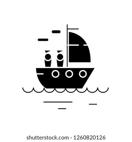 Yacht sailing black vector concept icon. Yacht sailing flat illustration, sign