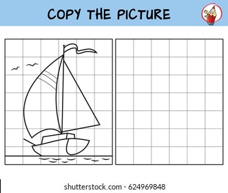 The yacht is sailing by the sea. Copy the picture. Coloring book. Educational game for children. Cartoon vector illustration