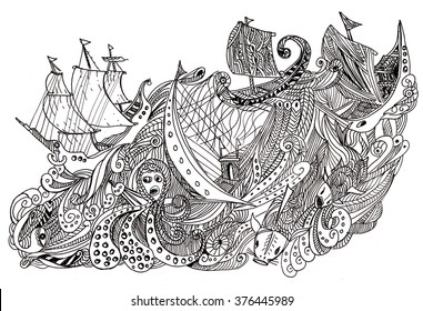 yacht sailing, doodle sketch
