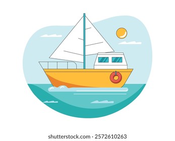 Yacht is sailing in the ocean, rich people vacation. Character design. Vector flat illustration