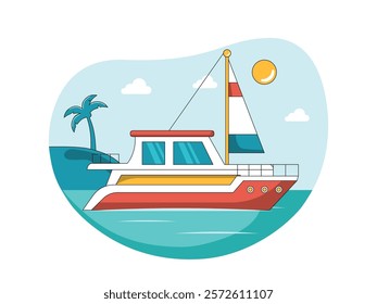 Yacht sailing on the island, vacation with beautiful view of the sea. Character design. Vector flat illustration