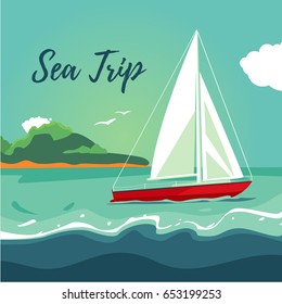 Yacht sailing on the ocean. Journey on ship. Water travel.