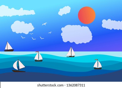 Yacht sailing on opened sea. Summer holidays concept. Little Boat in blue ocean