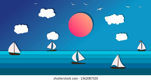 Yacht sailing on opened sea. Summer holidays concept. Little Boat in blue ocean