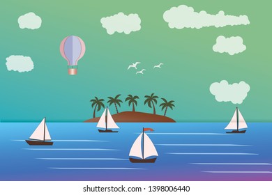 Yacht sailing on opened sea. Summer holidays concept. Little Boat in blue ocean