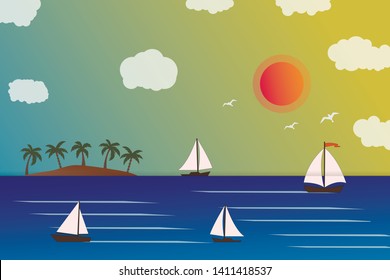 Yacht sailing on opened sea. Summer holidays concept. Little Boat in blue ocean.